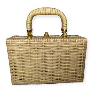 Vintage 50s/60s Woven Vinyl Plastic Tan Suitcase Style Handbag